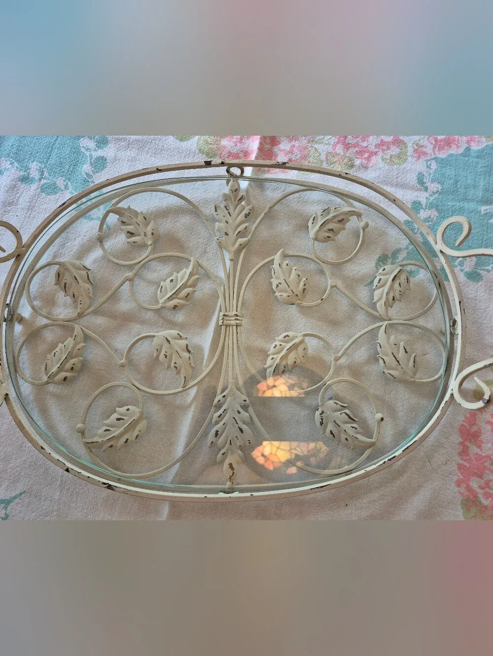 Gorgeous Ironwork Off White Metal Serving Or Display  Tray with Leaf Scrollwork